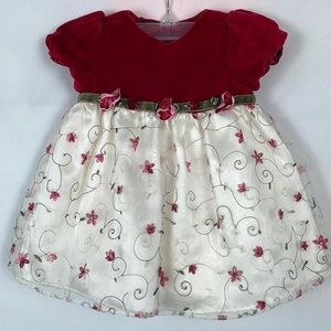 Fancy Party Dress w/Red Velvet Top & Ivory Embroidered Skirt - Size 12 Months
